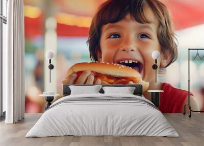 Adorable child savoring a mouthwatering hotdog, Wall mural