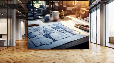 Architect's desk with precise blueprints,  Wall mural