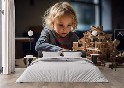 Children construct intricate structures with building blocks, fostering creativity and spatial skills Wall mural