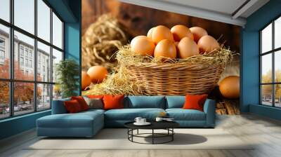 A basket full of brown eggs sitting on top of a wooden table Wall mural