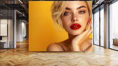 A beautiful blonde woman with red lips. Wall mural