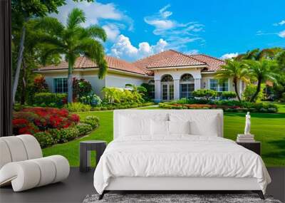 A beautiful home with lush green lawn and tropical plants. Wall mural