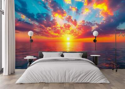 A beautiful sunset over the ocean with clouds. Wall mural