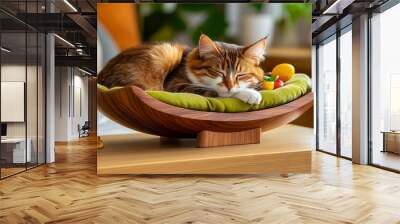 A cat sleeping in a wooden bowl on a table Wall mural