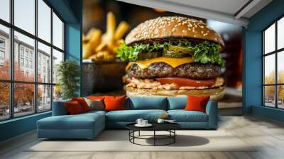 A cheeseburger and french fries on a table with a glass of beer Wall mural