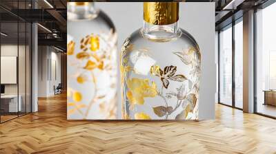 A close up of two bottles of alcohol with gold and white designs Wall mural