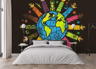 A colorful drawing of hands around the world. Wall mural