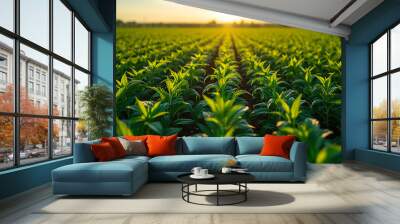 A field of corn at sunset. Wall mural