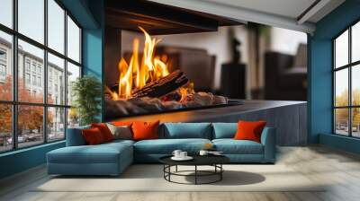 A fireplace with a fire burning in it in a living room Wall mural