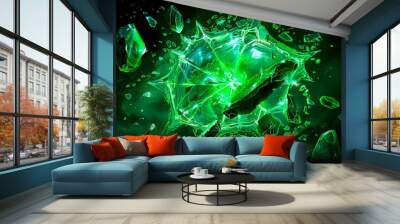 A green crystal explosion on a black background Wall mural