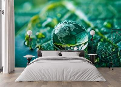 A green leaf with a water droplet on it. Wall mural