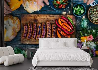 A group of people preparing food on a wooden table Wall mural