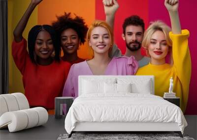 A group of young people standing in front of a colorful wall Wall mural