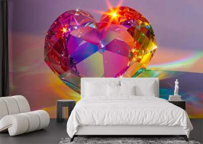 A heart shaped crystal with rainbow light shining through it. Wall mural