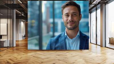 A man in a suit and tie standing in front of a building. Wall mural