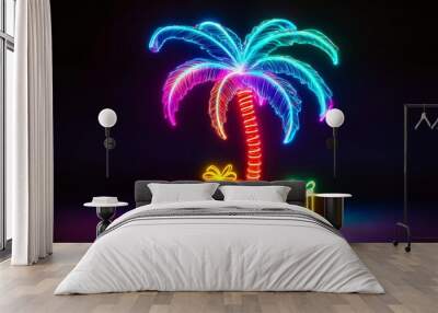 A neon palm tree with presents under it on a black background Wall mural