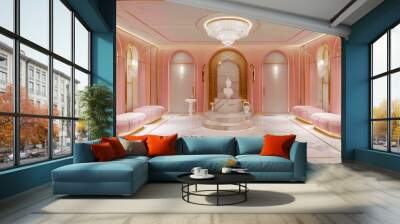 A pink room with marble floors and white walls. Wall mural