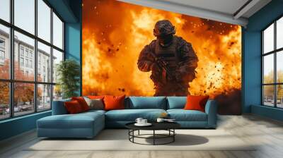 A soldier in camouflage holding a rifle in front of a fire Wall mural