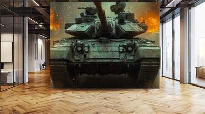 A tank in the middle of a battle with flames coming out of it Wall mural