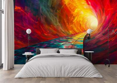 A tunnel with bright colors and a light at the end. Wall mural