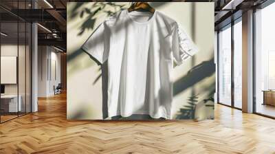 A white t - shirt hanging on a wall. Wall mural