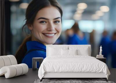 A woman in a blue uniform smiles at the camera Wall mural