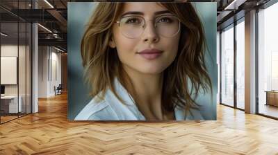 A woman in glasses and white coat posing for the camera. Wall mural