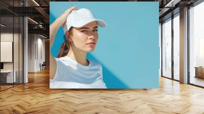 A woman in white t - shirt and cap is posing. Wall mural