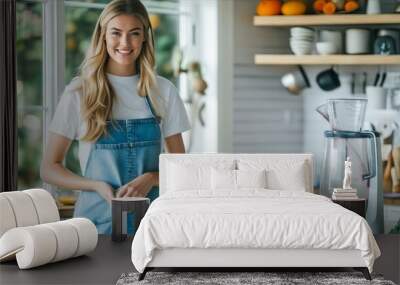 A woman standing in a kitchen with vegetables. Wall mural