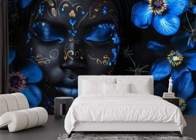 A woman with blue flowers on her face. Wall mural