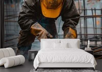 A worker welding steel on a construction site. Wall mural