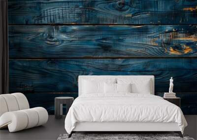 Blue wood planks background with a dark stain. Wall mural