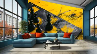 Chess pieces on a yellow background. Wall mural