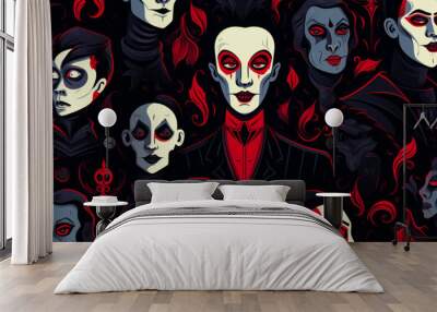 Group of people with red eyes and black hair are surrounded by skulls. Wall mural