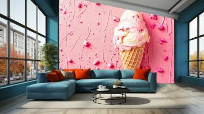 Ice cream cone with pink sprinkles on a pink background. Wall mural