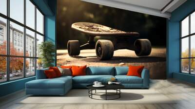 Skateboard with wheels that are dirty and needs to be repaired. Wall mural