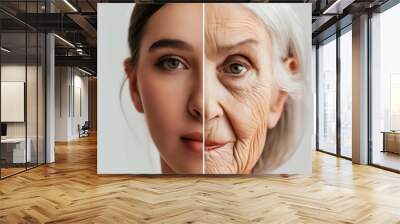 Two images of an old woman with wrinkles. Wall mural