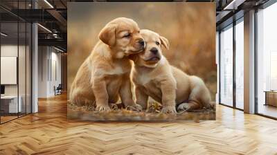 Two labrador puppies sitting in the grass. Wall mural