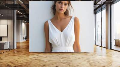 woman in white dress posing for picture with her hands on her hips. Wall mural