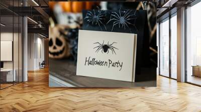 A vintage Halloween party invitation with black and white paper cutouts of spiders Wall mural