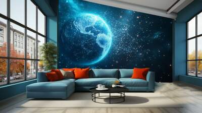 Abstract digital blue planet Earth with glowing connections and global network concept on a dark background, a technology wallpaper. Big data world map. Wall mural