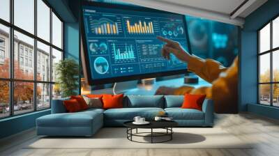 An analyst uses a computer for data business analysis and metrics for technology finance, operations, and sales Wall mural