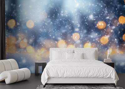 Blurred bokeh winter landscape with falling snow and glowing lights Wall mural