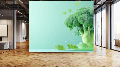 Broccoli flying on a green background food photography Wall mural