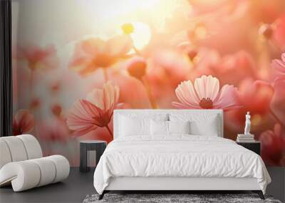 colorful summer flowers on a subtle peach pink background, empty space for text, banner background (3) Wall mural