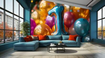 Foil balloon in shape of number 1 on vibrant colored birthday background Wall mural