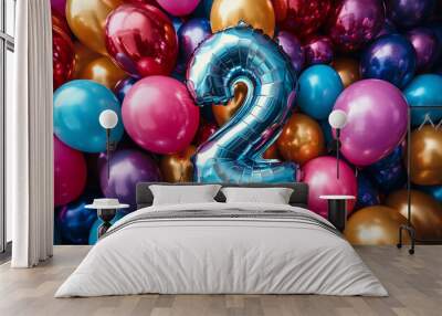 Foil balloon in shape of number 2 on vibrant colored birthday background Wall mural