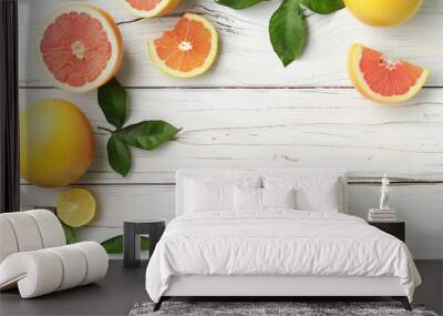 grapefruits and oranges, citrus mix flat lay on brigh wood with space for copy, healthy juicy natural vitamins. with space for textjpg (7) Wall mural