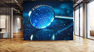 Internet search concept, modern magnifying glass on a dark blue background with connected network  Wall mural