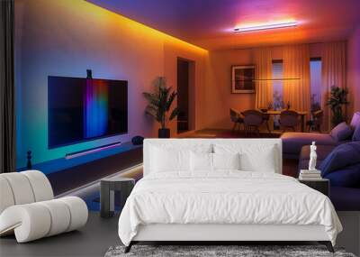 modern living room illuminated wtih vibrant led effect light for watching movies or playing games (3) Wall mural